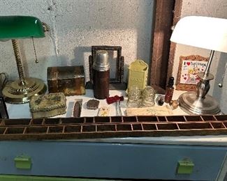 Desk Lamps; Kodak Brownie Camera; Vintage Thermos; Vintage Match Holder; Insulators; Misc
