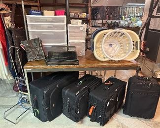 Old School Table 60x30 (used as a sewing table); Sterlite Storage Clear View Containers; Laundry Baskets; Luggage; Luggage Cart