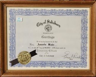 Framed City of Salisbury Honorary Citizen certificate 10 x 12