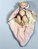Vintage Baby Doll Wrapped in Pink Blanket with White Bonnet
9"Tall