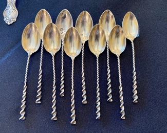 #1). Whiting sterling spiral demitasse spoons with gold wash - set of 10
