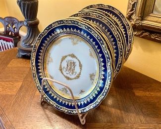 Antique Dresden plates by Ambrosius Lamm. Cobalt blue hand-painted in 22K gold
