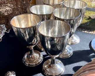 # 49) Set of 6 Wallace sterling goblets # 2203.  Monogram EMN.  One has a twisted base and couple of the others have tiny dings.
