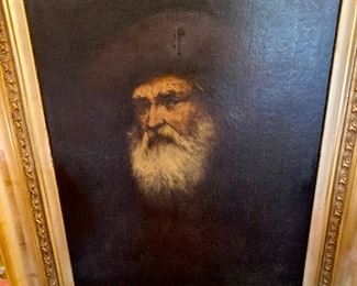 "Portrait of a Bearded Man in Black Beret" oil on canvas portrait in the manner of Rembrandt. Frame is 20x24”
