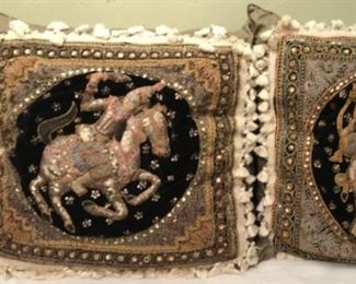 Pair of fine large antique Indonesian silk and hand beaded pillows