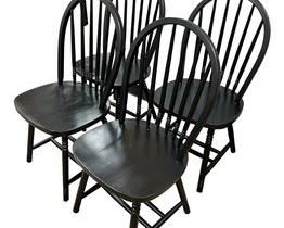 $200 USD      Set of 4 Black Wood Windsor Chairs RC122-33      Description: An English classic, the Windsor chair features a favorite design details of the iconic chair that shares its name. The spindle back, sculpted seat, and splayed legs are crafted with solid wood for an enduring quality we love.

Dimensions: 18 x 17 x 36 in 

Seat 15.5H in
Seat 15.5D in
Condition: In very good condition with only very minor signs of wear to be expected with use and age. 

Location: Local pick up during business hours Beaverton, OR 97008. 6th floor suite with elevator access. Contact us for shipper suggestions.     https://goodbyhello.com/products/set-of-4-black-windsor-chairs-rc122-33?_pos=11&_sid=16455e41b&_ss=r