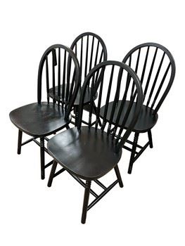 $200 USD      Set of 4 Black Wood Windsor Chairs RC122-33      Description: An English classic, the Windsor chair features a favorite design details of the iconic chair that shares its name. The spindle back, sculpted seat, and splayed legs are crafted with solid wood for an enduring quality we love.

Dimensions: 18 x 17 x 36 in 

Seat 15.5H in
Seat 15.5D in
Condition: In very good condition with only very minor signs of wear to be expected with use and age. 

Location: Local pick up during business hours Beaverton, OR 97008. 6th floor suite with elevator access. Contact us for shipper suggestions.     https://goodbyhello.com/products/set-of-4-black-windsor-chairs-rc122-33?_pos=11&_sid=16455e41b&_ss=r