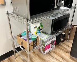 $25 USD     2 Shelf Stainless Bakers Rack RC122-34      Details:  Durable chrome construction can stand up to your heaviest loads, and the epoxy coating allows you to use this kit in back-of-house dry storage areas. This commercial-grade shelving unit is constructed of durable chrome with a clear epoxy coating for maximum longevity.  

Dimensions: 48L x 18W x 36H  in

Condition: In very good condition with only very minor signs of wear to be expected with use and age. 

Location: Local pick up during business hours Beaverton, OR 97008. 6th floor suite with elevator access. Contact us for shipper suggestions.     https://goodbyhello.com/products/copy-of-set-of-4-black-windsor-chairs-rc122-33?_pos=5&_sid=16455e41b&_ss=r