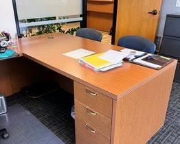 $700 USD     HON 3 Piece U Shape Executive Wood Desk RC122-27      Description: HON is committed to unique design, superior production, excellent craftsmanship and customer service. By applying these values daily, they've created a unique business atmosphere that focuses on achieving operational excellence. The HON Company offers the industry's most complete lines of office furniture in both wood and steel, including chairs, tables, files, panel systems and desks. This executive work station is composed of 3 separate pieces The main desk, left return complete with 2 drawer cabinet and a client facing right return with 3 drawer cabinet.

Dimensions:

Main 47 x 24 x 30
Right Return 72 x 36 x 30
Left Return 72 x 24 x 30
Location: Local pick up SW Portland, OR.  Shipper suggestions available upon request.     https://goodbyhello.com/products/copy-of-hon-4-door-credenza-in-a-cherry-tone-rc122-26?_pos=21&_sid=16455e41b&_ss=r