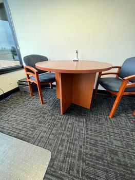 $400 USD      Preside Small Wood Round Conference Table RC122-29       Compatible with all HON desk lines, the Preside conference series is a broad, versatile solution for meetings and presentations. This Preside laminate conference table includes a 42" diameter round top and panel X-base, and comfortably seats up to four people. The compact, round shape is ideal for smaller spaces, including cafe settings. Laminate color is Mahogany; flat edge band color is Mahogany.

Comfortably accommodates up to four people while conserving floorspace
Laminate color is Mahogany; flat edge band color is Mahogany
Scratch-, spill- and stain-resistant laminate withstands heavy use
Heavy-grade, warp-resistant particleboard withstands heavy activity
Leveling glides compensate for uneven floors      https://goodbyhello.com/products/copy-of-veridesk-3-drawer-filing-cabinet-on-casters-rc122-28?_pos=9&_sid=d7a4d8c81&_ss=r
