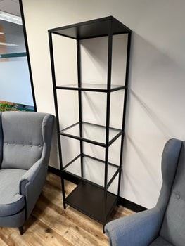 $35 USD     IKEA Four Shelf Black Tower Bookcase Shelving RC122-22     Description: The straightforward design and glass shelves make your beloved objects stand out. The top and bottom panels are black-brown on one side and black on the other – choose the expression that suits you best.

Dimensions: 20 x 15 x 70 in

Location: Local pick up SW Portland, OR.  Shipper suggestions available upon request.

Condition: In excellent condition.     https://goodbyhello.com/products/copy-of-ikea-modern-genuine-leather-tufted-sofa-couch-loveseat-rc122-20?_pos=17&_sid=d7a4d8c81&_ss=r    