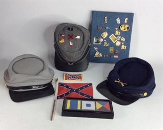  (3) Civil War Caps, Nautical Flags, Pins & Patch