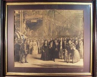 Lot 3A   1851 Lg. Engraving of Queen Victoria & Prince Albert opening the "Great Exhibition" in 1851. 29" x 24"h. (sight) in a Victorian Walnut frame 40" X 34"h.    Condition: Engraving is moderately toned overall (printed on light buff paper to start), Print is mounted on linen, Small area of damage at top center from sharp hanging nail, frame needs cleaning.