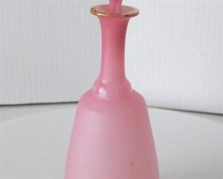 Lot 7   C/1880 Ladies French Cologne Bottle, satin peach w/fitted stopper.  Hand blown, gilt trim, numbered underneath w/early label   remnants. 9 1/2" h. x 3 11/4" dia.  Condition:  Minor wear to the gilt trim, small scuffs and wear underneath.  