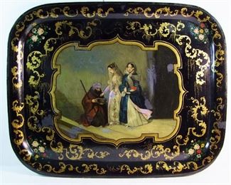 Lot 8   C/1880 Lg. Hand painted Metal Victorian Serving Tray, 29" x 23" x 1", center reserve area painting shows 2 wealthy Ladies giving a Beggar a coin with additional floral and gilt scroll decoration.  Condition:  Various small areas of in-painting primarily in the background and tray edges.