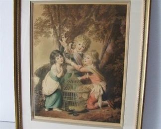 Lot 5   Dated 1919 Color Mezzotint "The Synnot Children" after an oil by Henry Macbeth-Raeburn (Scottish 1860-1947) published by Arthur Greatorex, Nov. 1919.  16" x 21"h. (sight) in a gilt frame 23" x 28" h.  The original oil of the Synnot Children was painted by Joseph Wright of Derby (UK 1734-1797).  The artist Henry Macbeth-Raeburn reproduced it in a smaller format to be replicated in Mezzotint in 1919.  Condition:  Light toning overall, no o other damage found. 