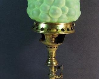 Lot 14   C/1890 Victorian Gas Lamp w/Vaseline grape pattern shade, converted to electric, 17 1/2" h., shade has 3 original vent holes for heat.  Condition:  No damage found. 