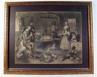 Lot 11A   1855 Lg. Engraving "Mount Vernon in the Olden Times" (Washington at 30 years of age), Image also has Martha, Children and 2 Black Slaves after a hunt. 24" X 19"h. (sight) in a gilt frame 33" X 27" h.  Print was drawn by A. Hennig, Engraved by HB Hall and published by WH Holbrooke.    Condition: Print has light toning overall and a restored vertical tear up the middle about 1/3 way.  