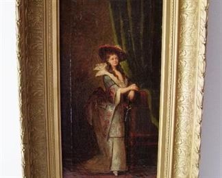 Lot 19   C/1880 Oil on canvas of Victorian Lady with Hat and Walking Stick, signed B. Muhler (German late 19th C.) in lower right, 10 1/2" x 21" h. in a Victorian gilt frame, 17" x 27 1/2" h.  Condition:  Painting has moderate craquelure overall, background is dark, the back shows a small patch on the side with corresponding small area of in-painting to the left of the figures collar.  Frame has been repainted.