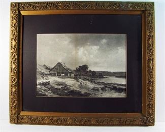 Lot 18A   C/1900 Collotype print of a European homestead on a pond with figures, 19" X 13" h. (sight) in a Gilt Victorian frame, 31" X 26"h.      Condition: Some fine foxing spots in the sky area, frame has some wear and some retouched areas.      