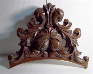 Lot 18   C/1870's Walnut Victorian carved Bed Crest with hanging fruit and scrolls, 19" x 15" x 4".  Condition:  Refinished and wired to hang. 