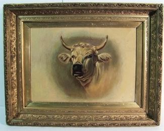 Lot 25   C/1880 Original Oil on Canvas of a Western Steer, unsigned, 16 1/2" x 12" h. in a Victorian deep gilt frame 23" x 17 1/2" h.  Condition:  Repaired tear above steers head w/patch on back, very small tear on left side w/patch on back, frame has minor touch-ups. 