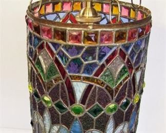Lot 26   C/1890 Victorian Hanging Stained Glass Hall Lamp, includes over 90 colored, beveled jewels, 24" h. x 9" dia.  Condition:  No damage found, rewired.   