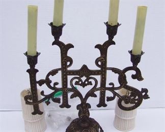 Lot 32   1880 Bronze Church Alter Top Candelabra. 4 Light, includes 4 early electrical sockets with glass covers, 4 silk shade covers & flame shaped bulbs. Candelabra measures 16"h. X 15" w. X 7"d. without electric candle sockets.    Condition: Some moderate wear from use, replaced candle sockets, needs wiring.