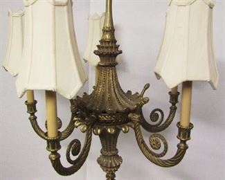 Lot 33A   C/1980s Regency style hanging chandelier, 5 arm/lights, Brass arms, 24" dia. X 28"h. (not including chain).   Condition: No damage to lamp, silk shades have light scuffs.   