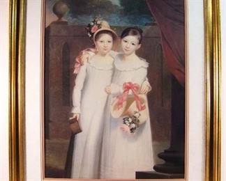 Lot 38A   1980 Lg. Litho of early 19th C. Sisters portrait. Unsigned, 20" X 26" h. (sight) in a gilt wood frame, 30" X 36"h. Back Stamped "Made exclusively for JC Penny"   Condition: Minor frame wear, no other damage    