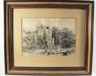 Lot 40A   Mid 19th C. Lithograph of Queen Victoria and Prince Albert exiting a boat at a castle. Hand tinted, 16" X 11 1/2" h. (sight) in a 70s wood frame. 26" X 22"h.     Condition: Print is slightly wavy at the top edge. Minor frame wear.