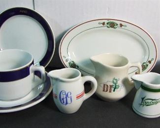 Lot 43   8 Pieces various Ironstone Restaurant China, most with Logos, various sizes.  Condition:  No damage found.    