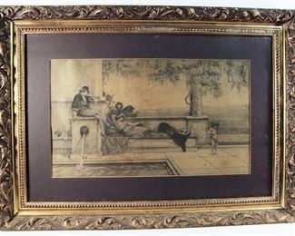 Lot 46A   C/1890 Lg. etching of a romantic scene on a Mediterranean Veranda, Unreadable signature, 24" X 14" h. (sight) in a gilt frame, 35" X 25" h.   Condition: Print has moderate toning overall, frame has light wear and old touchups.   