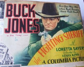 Lot 47   1930's/40's Huge "Buck Jones" Souvenir Scrap Book, 17" x 19" x 5" thick.  Hundreds of pages filled with Lobby cards, inserts, stills, articles and more.  This book was compiled by Raymond Mendoza (an ambitious fan). Also includes a Nov. 30 Chicago Newspaper detailing Coconut Grove Fire where he died.    Condition:  Cover and first 8 pages de-attached.  First 12 pages have staining on right side with chipping.  Largest bound collection of Buck Jones ephemera ever found.    Note: This album weighs aprox. 25 lbs and has over 2000 pcs. attached. 