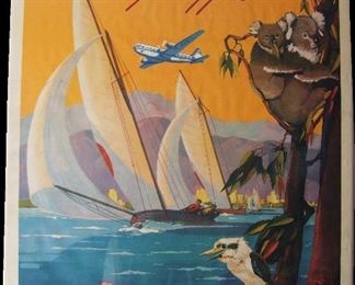 Lot 56   Early 1940's Original Pan American Airways Australia and New Zealand Travel Poster, illustrated by Mark Von Arenburg, 28" x 42" h. (full margins)  Condition:  Missing small piece from top right corner, light toning overall, various small creases.  This is a Rare Travel Poster to find!
