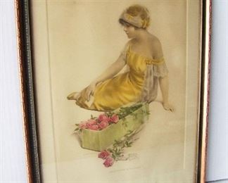 Lot 57    Rare C/1920 Bessie Pease Gutmann hand tinted etching "The Message of the Roses" (print #641) in original wood frame, 11 1/4" x 15 1/2" plate size, 15 1/2" x 21" frame.  Condition:  Very light toning overall, outside frame edge repainted.    Note: 98% of this artist images are of babies & small children!