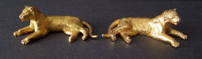 Lot 59   Pair of C/1960's Gilt spelter Tiger figures, unmarked, detailed, reclining in opposite positions, 1 1/2" h. x 4 1/2" l.  Condition:  Gilt loss on most ears and tail connection of one. 