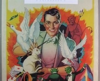 Lot 61   C/1940's Magic Show Poster signed Erie Litho Co., with Tuxedoed Young Magician pulling rabbit from top hat surrounded by Devil, Imps, Birds and Bat. 20" x 28" h. with tipped in "Magic Show Tonight" banner, Plexi framed, 25" x 37" h.  Condition:  Minor creases on right edge, slight toning overall from age. 