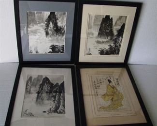 Lot 70   4 Piece Asian Art Group including:  Woodblock of a Sage by Shunsho Katsukawa (Japanese 726-1792) from the Anthology of 100 Poems 12" x 15" - 3 Ink Wash Landscapes w/mountains and boats, all 12" x 15".  Condition:  Some very light staining on the Shunsho print, the Ink wash landscapes have light creases.    