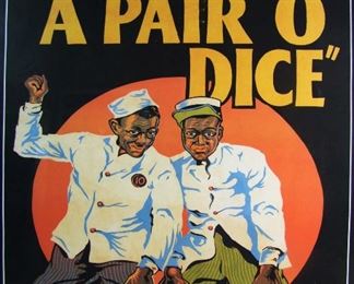 Lot 76   Vintage silkscreened replica of a 1930's Black Subject movie "A Pair of Dice" on heavy paper, unknown printer, in a gilt antique frame 26" x 31" h.  Condition:  No damage found.   