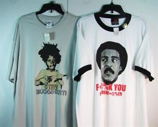 Lot 77   2 Black Subject T-Shirts includes: Richard Pryor (size 1X) with button and "Buckwheat" T-shirt (size XL).  Condition: Both un-worn, no damage found.