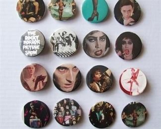 Lot 83   1975 -16 Rocky Horror Picture Buttons, 2 1/4" dia., after market purchase.  Condition: Some fine scratches on a few.  