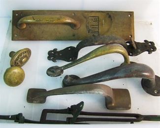 Lot 86   Group of Heavy Cast Brass Architectural Entrance Handles, etc.  Mostly 1910-1930's.  Condition: Most have turned dark and show wear.   