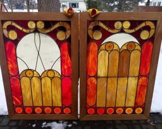 Lot 31A   Pr of Vintage Stained Glass Windows. Each with 8 Glass Roundels, New Pine frames. 38" X 56"h.  Condition: 1 panel has a horizontal fracture in 1 section.    Est. $200 - 400