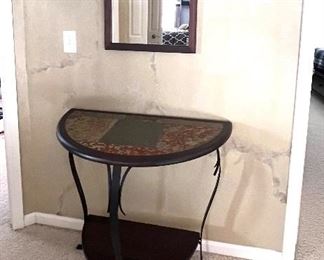 Wrought iron and tile half round table w/matching mirror and  tall table/stand  