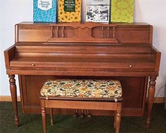 MapleColor Wurlitzer Piano, Bench, and Readers Digest Sheet Music