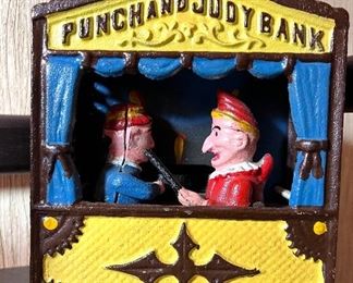 Vtg. J & E Stevens - Cast iron Book of Knowledge Punch and Judy Theater mechanical bank