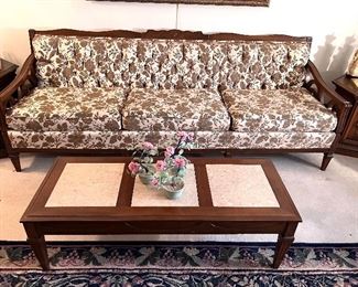 Mid Century couch - rectangle coffee table w/marble top and a matching side table 