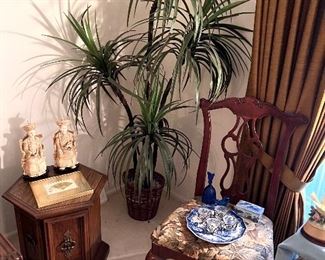 Smaller octagon storage table, 2 oriental statues, flux tree and side chair 