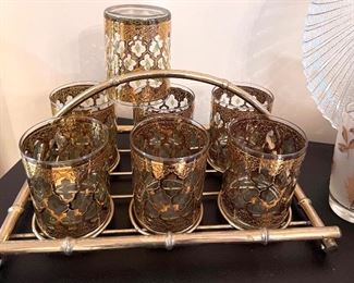 Mid Century Valencia 22K gold highball glasses and caddy 